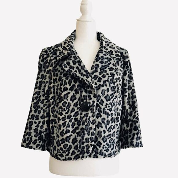 Halogen Jacket Black Gray Leopard Print Faux Fur Cropped Swing Blazer Medium - Picture 1 of 11